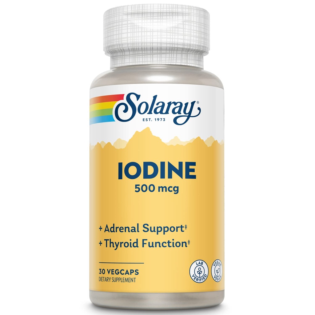 Solaray Iodine 500 mcg, jodtillskott för hälsosamt Adrenal och sköldkörtelstöd, energi, metabolism och fokus, kaliumjodid, Vegan, 60-dagars pengarna-tillbaka garanti, 30 portioner, 30 VegCaps