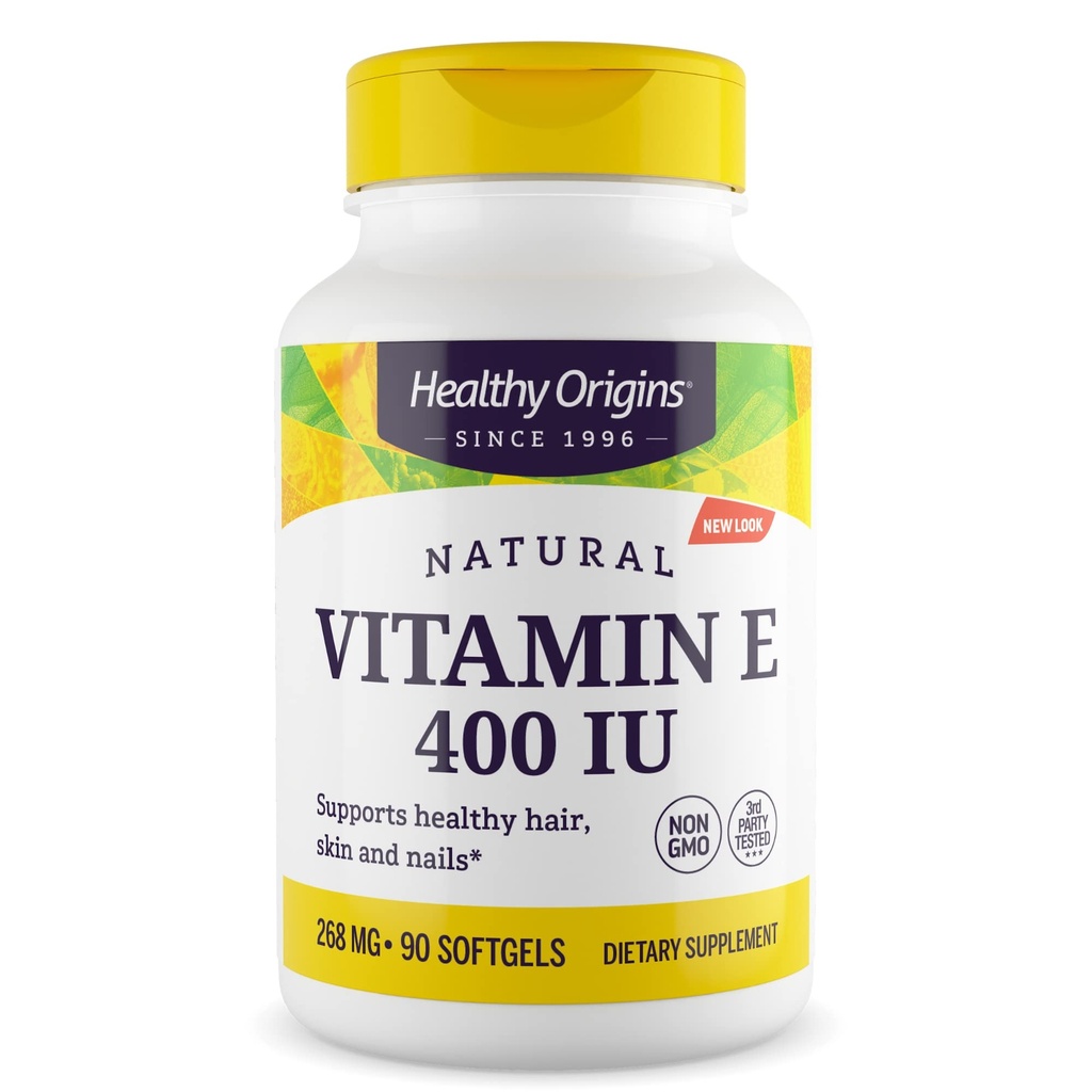 Hälsosamt ursprung Vitamin E 400 IE (Natural, Non-GMO, Gluten Free, Skin Support, Cardiovascular Support), 90 Softgels