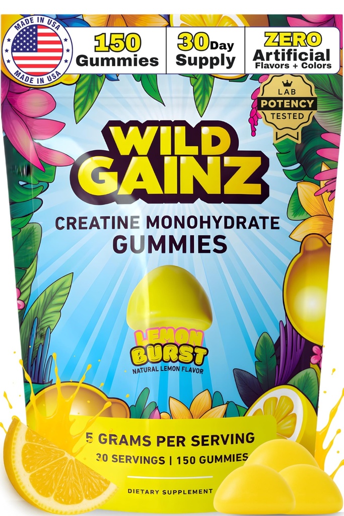 Kreatinmonohydrat Gummies för män och kvinnor 5000mg - Made in USA, Potency Tested, Vegan, stöder muskeltillväxt, styrka och kognitiv funktion, icke-GMO glutenfri citron smaksatt kreatin 150 Chews