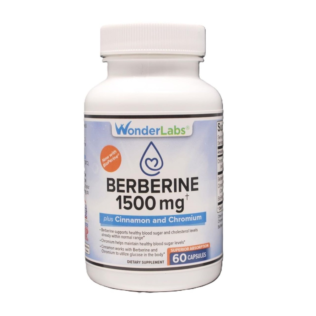 Wonder Laboratories Berberine HCL 1,500mg + Cinnamon, Chromium och Bioperine Maintenance för Glucose, Heart & Immune System Health Gluten & GMO Free - 60 kapslar