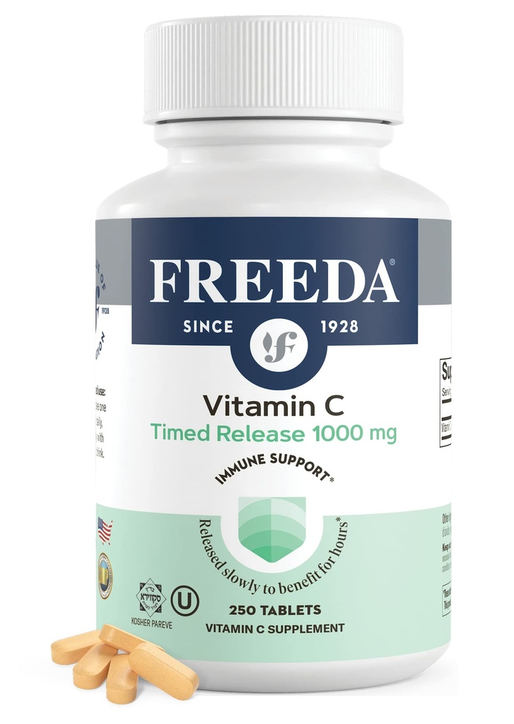 FREEDA Vitamin C - Timed Release 1000mg - långsam frisättning för alldaglig immun- och antioxidantstöd, Gentle on Stomach, Kosher & Vegan, High-Absorption tabletter (250 tabletter)