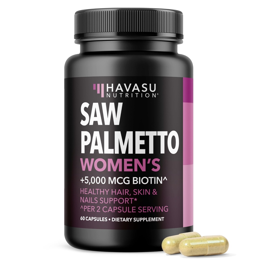 Såg Palmetto för kvinnor med Biotin 5000mcg - Kraftfull DHT-blockerare för att stödja hår, hud och nagelhälsa - 60 greve - Vegan, Non-GMO-vitamin för starkare, heltidslås - 1 månads leverans