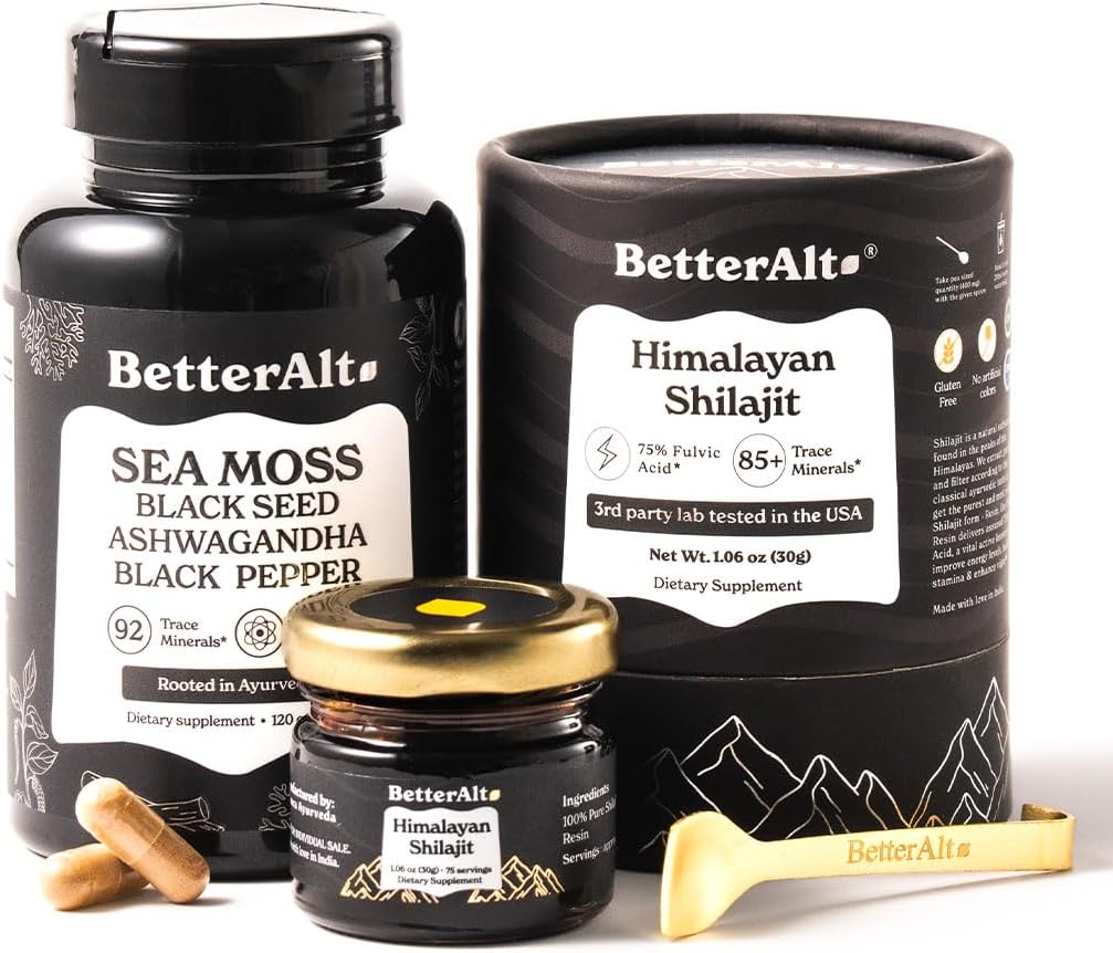 Bättre Alt Shilajit Resin 30 gm & Sea Moss Capsules Energy Duo| Pure Himalayan Shilajit Gold Grade för män och kvinnor med hög styrka och irländsk Sea Moss med Black Seed Oil