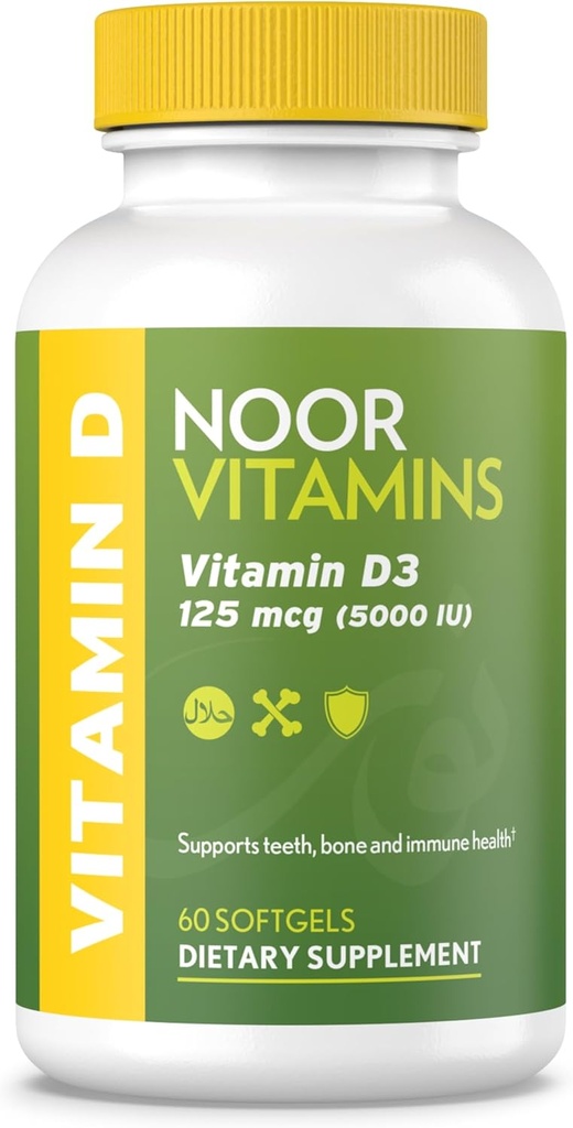 Noor Vitamins Halal Vitamin D, Halal Vitamin D3, 5000 IE Softgels, Supports Bone, Immune & Heart Health, från Safflower Oil för att Maximera Absorption, Non-GMO, Gluten Free & Halal (60 Count)