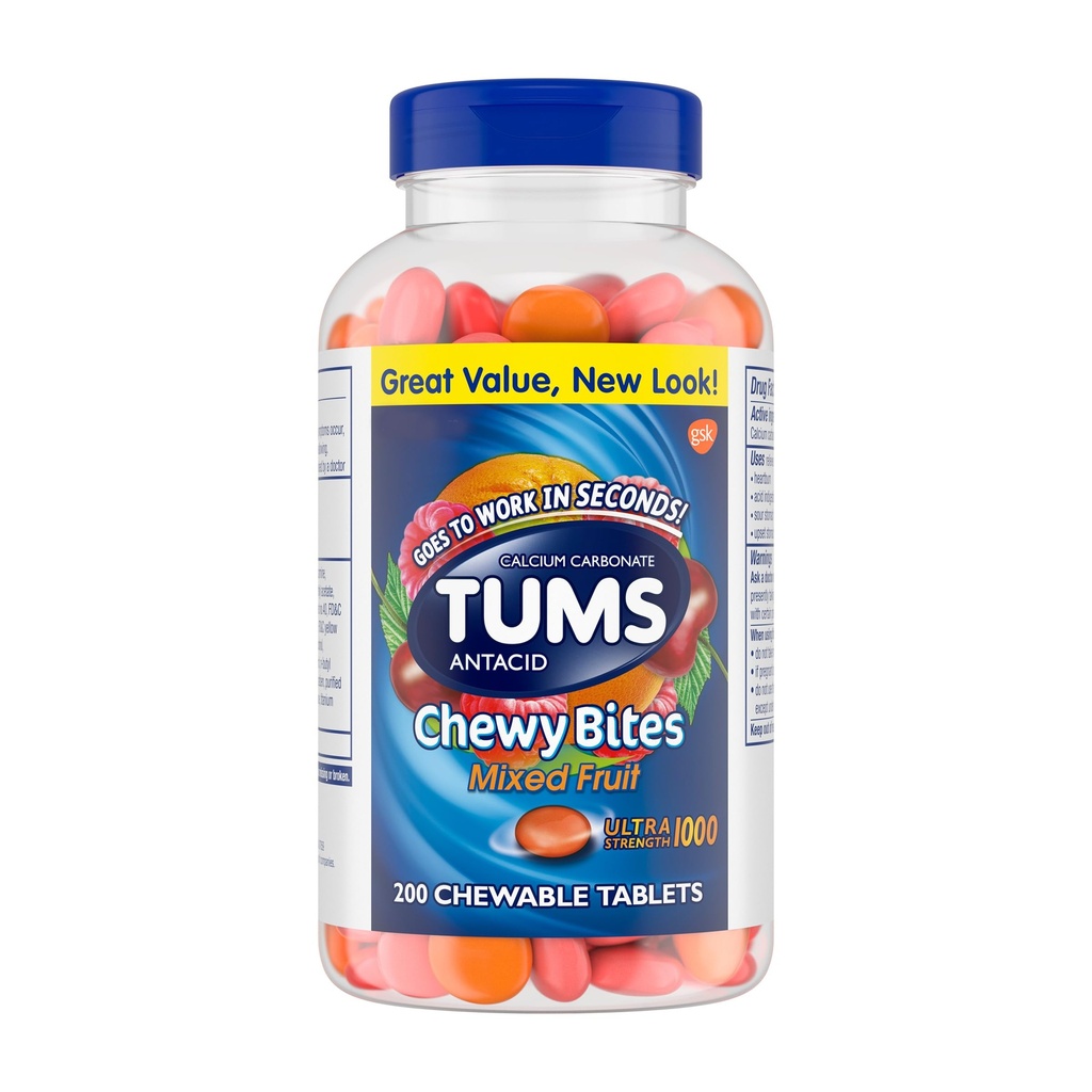 TUMS Chewy Bites Chewable Antacid tabletter för Ultra Strength Heartburn Relief, bra för en sommar BBQ-blandad frukt - 200 greve