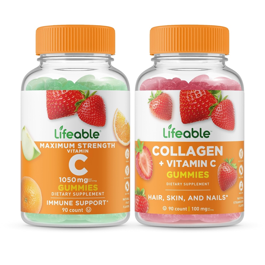Livlig vitamin C 1050mg + Collagen & Vitamin C, Gummies Bundle - Great Tasting, Vitamin Supplement, Gluten Free, GMO Free, Chewable Gummy