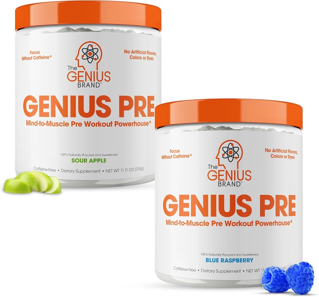 Genius Pre-Workout Supplement Bundle - Blå Raspberry & Sour Apple - Koffeinfri / Stimulantfri