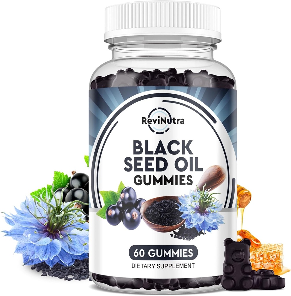 Black Seed Oil Gummies-Organic Cold Pressed Nigella Sativa Black Seed Oil med Honung, Vitamin B6, C, D3, Gurkmegranat, Stöd Immunitet, Digestion, Brain Function, Hair & Skin-60 Gummies