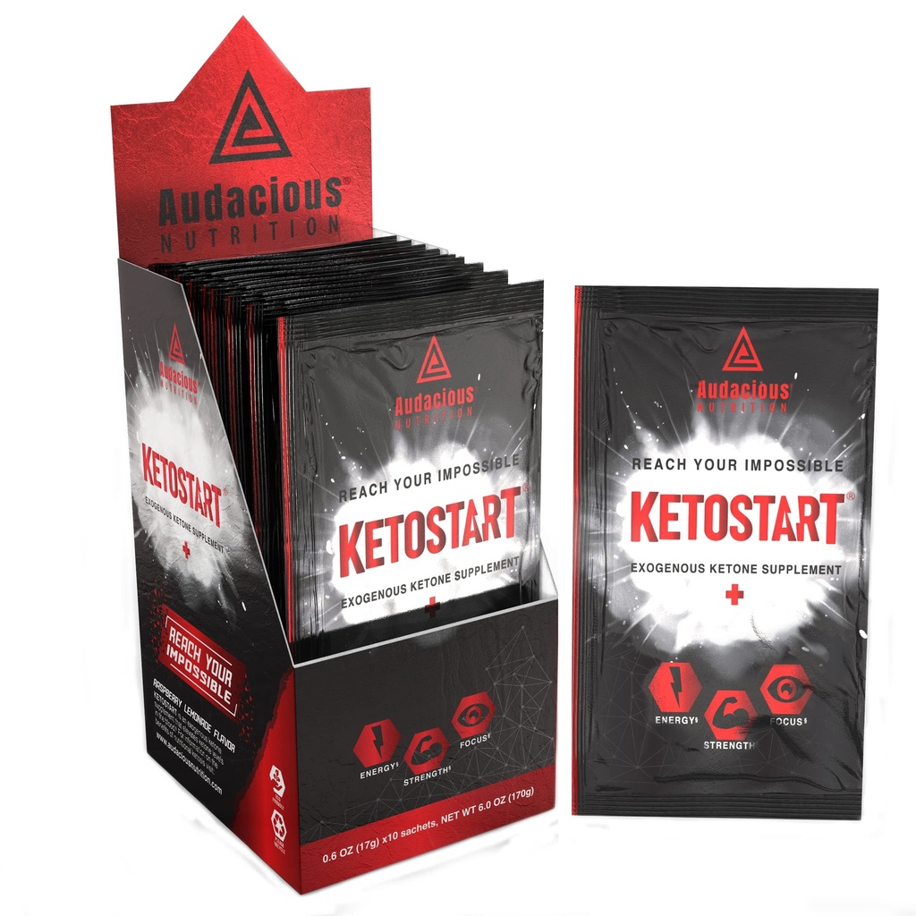 KetoStart + | Exogen Ketones Powder med elektrolyter för energi, styrka och fokus | med koffein | Raspberry Lemonade Flavor Electrolyte Powder (10x Ketones Drink Mix Packets)