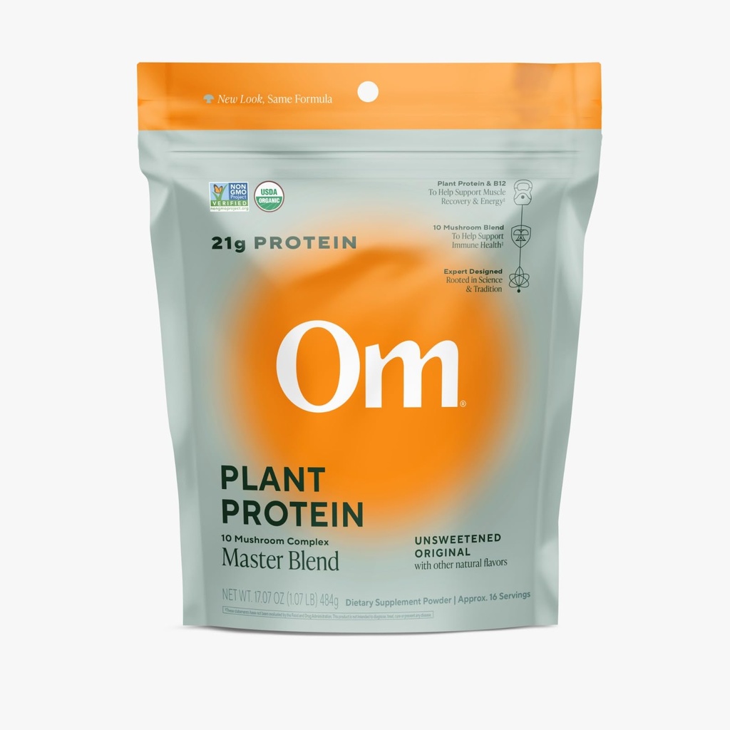 OM MUSHROOM SUPERFOOD Master Blend Plant-Based Protein Powder (Resealable Bag (16 portioner), Unflavored Protein)