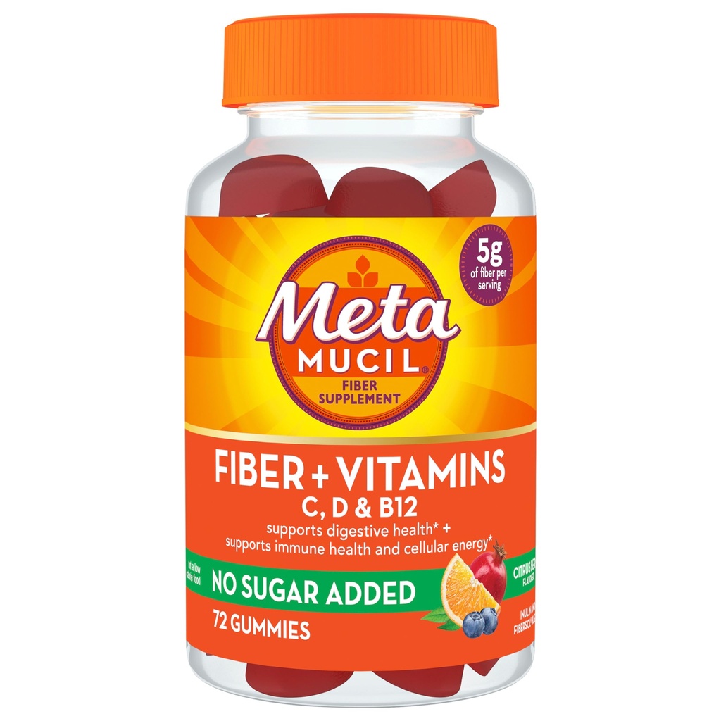 Metamucil Fiber Suplement 72 Gummies, Fiber + Vitamins C,D & B12 no Sugar Added, Support Digestive healt + Support Immune Health, Citrus Berry Flavor.