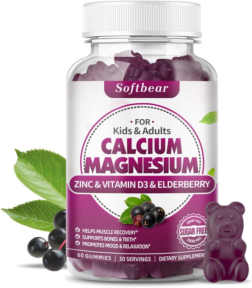Softbear Calcium Magnesium Zink Gummies för kvinnor, High Absorption Calcium Magnesium Supplement för benstyrka, Sugar-Free, Vegan, Elderberry Flavor 60 Gummies