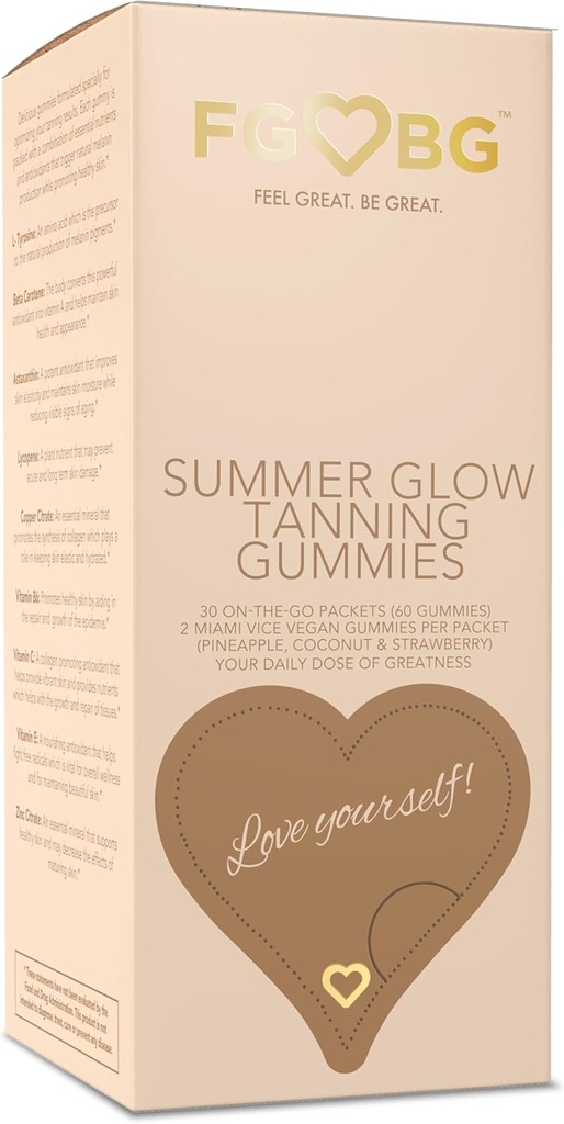 Summer Glow Tanning Gummies - Miami Vice Flavor - Pineapple, Coconut och Strawberry - Vegan - Gluten-Free - Dairy-Free - Naturliga ingredienser - Essential Nutrients - Travel Size - 30 -Day Supply