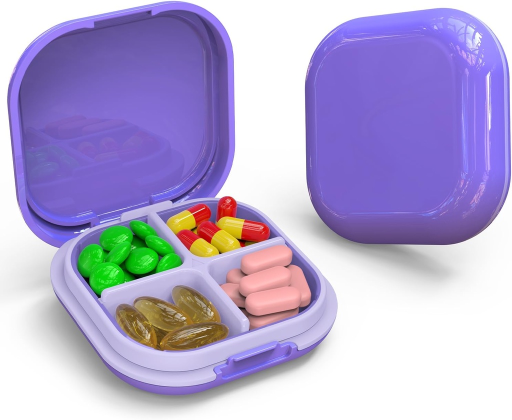 Daily Pill Organizer 4 Compartments, Small Pill Box Portable Travel Pill Case, Mini Pill Container för Purse Pocket, Compact Travel Medicine Organizer för Vitamin, Cod Liver Oil, Supplement (Purple)