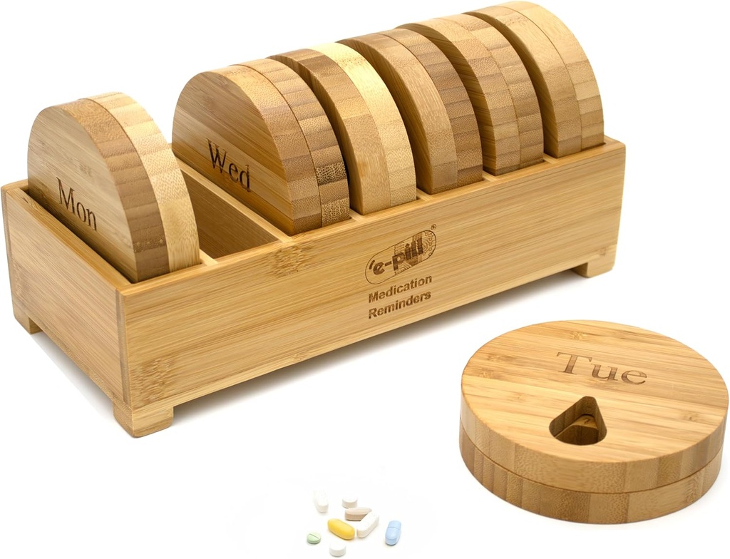 e-Pill Bamboo Weekly Pill Organizer, 7 Day Pill Box för tabletter, vitaminer eller tillägg