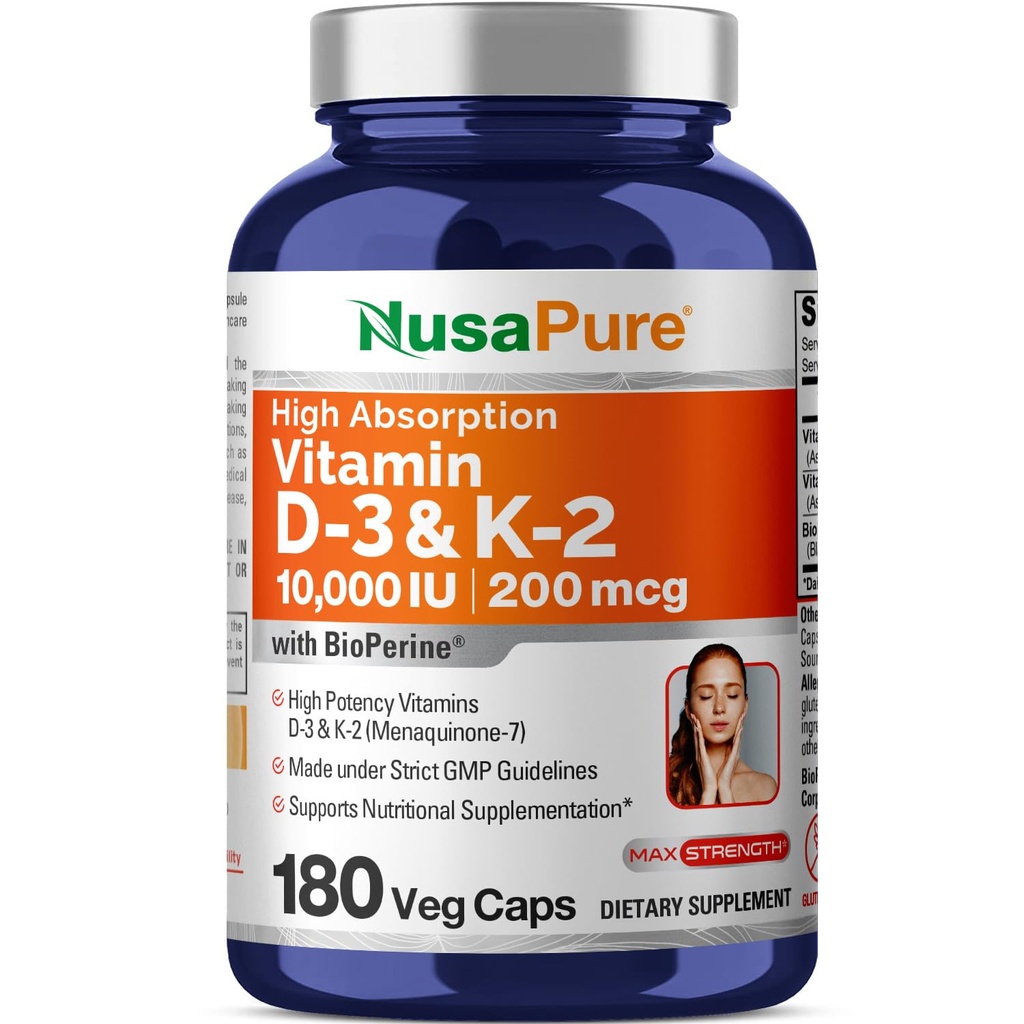 NusaPure Vitamin K2 (MK7) (200mcg) + Vitamin D3 (10000 IE) 180 Veg Caps - Bioperine, Soyfree, Non-GMO