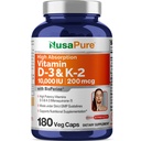 NusaPure Vitamin K2 (MK7) (200mcg) + Vitamin D3 (10000 IE) 180 Veg Caps - Bioperine, Soyfree, Non-GMO