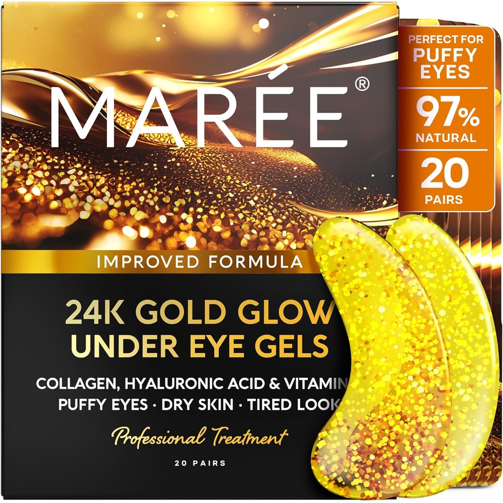 MAREE 24k Gold Under Eye Gels for Dark Circles and Puffiness - Collagen & Hyaluronic Acid Skincare Gel Pads - Gold Eye Patches för Puffy Eyes och Dark Circles - Under Eye Masks - Travel Essentials