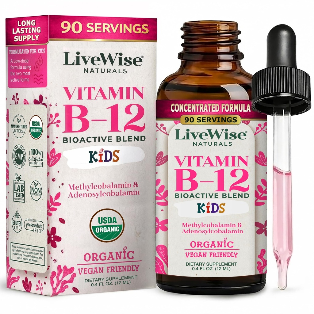LiveWise Naturals Vitamin B12 flytande droppar för barn | småbarn och barn jag Methylcobalamin och Adenosylcobalamin | USDA Organic I Vegan | Non-GMO | Gluten Free | Låg Dos