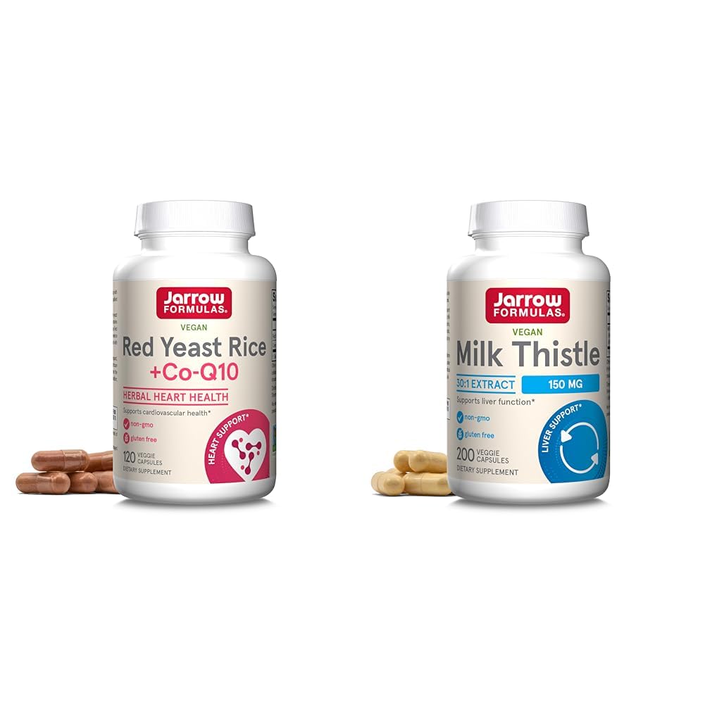 Jarrow Formulas Red Yeast Rice 1200 mg & Co-Q10 100 mg Per Serving-120 Veggie Caps-60 Servings & Heart Health-Vegan & Milk Thistle 150 mg med 30:1 Standardiserad Silymarin Extract
