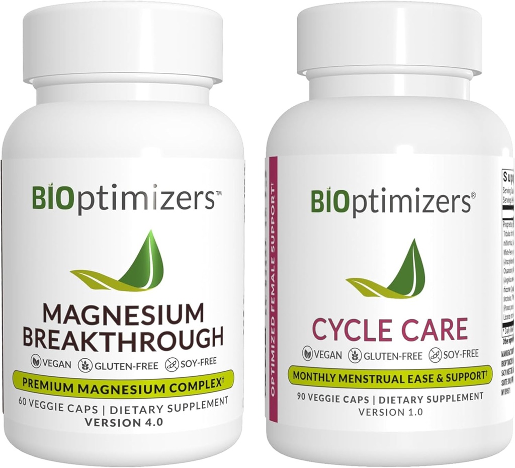 BiOptimizers Magnesium Breakthrough 4.0, (60 kapslar) & Cycle Care, (90 kapslar) - Natursömn, hjärna och menstruationshjälp Supplement Bundle