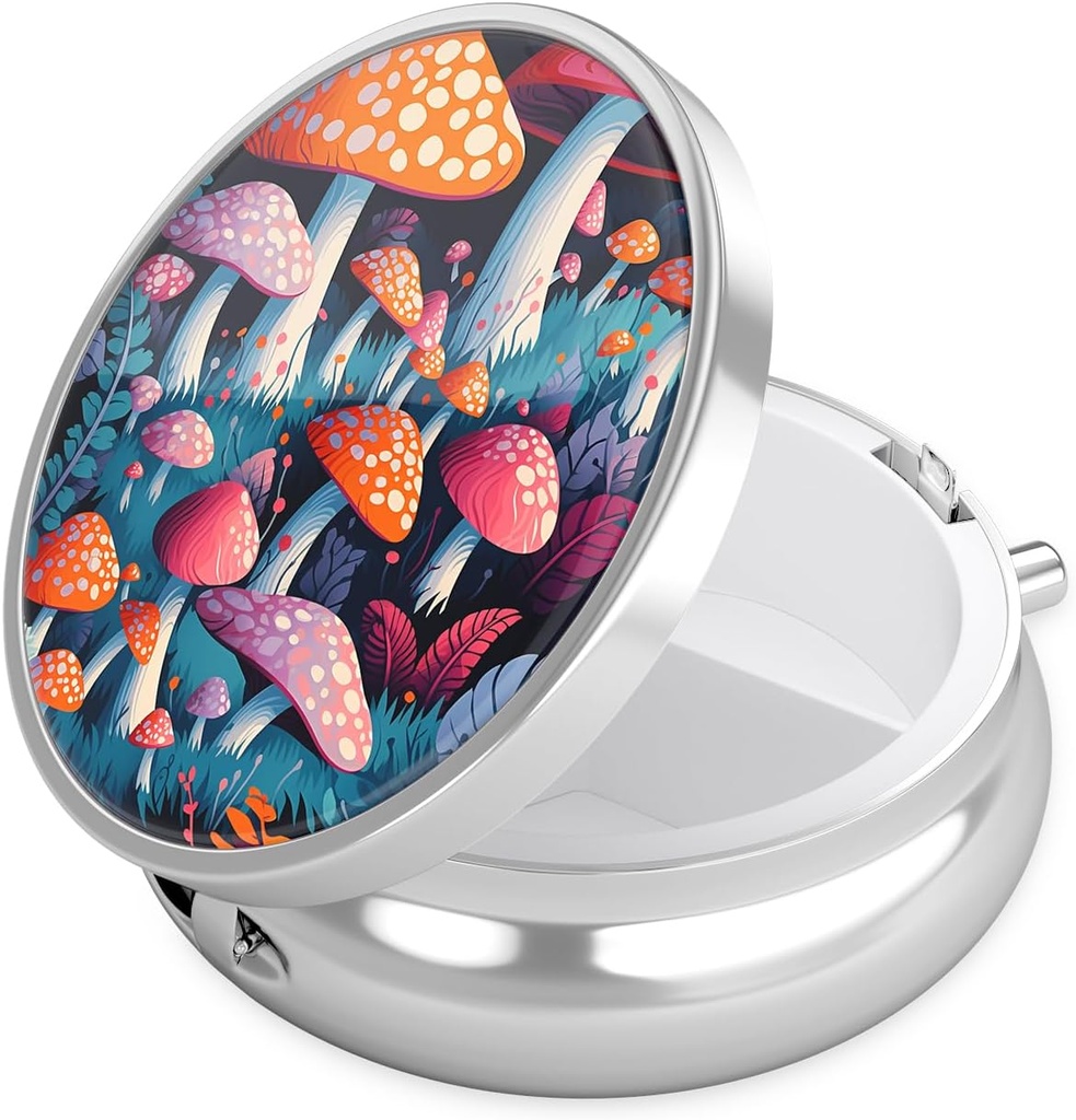Nipichsha Pill Box, Small Pill Case for Purse & Pocket, Cute Travel Medicine Organizer, Portable Medicine Container Holder för att hålla Vitaminer, Medicinering, Fish Oil & Supplement, Pretty Mushroom