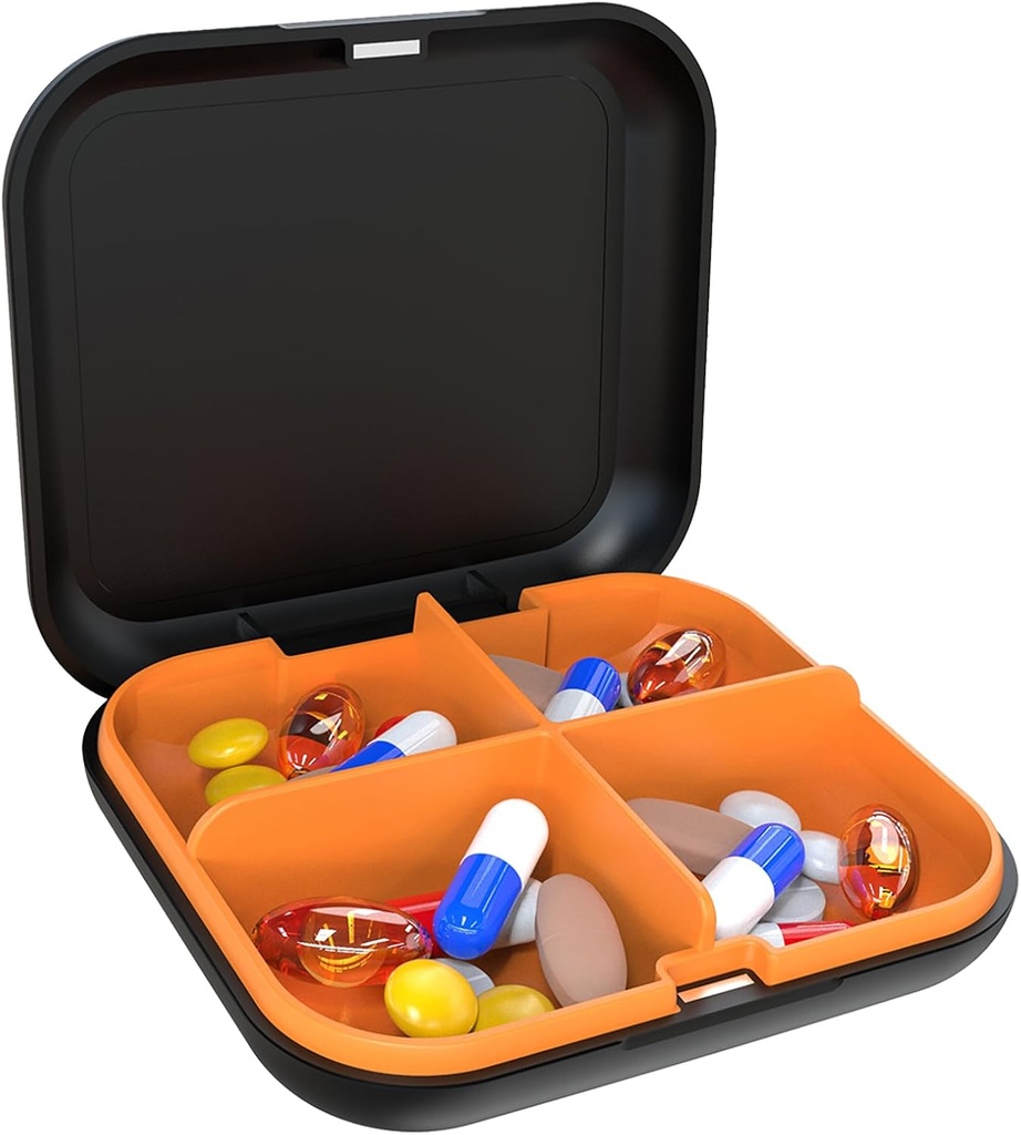 Pill Box Portable Pill Dispensing Box, Travel Portable Pill Box, 4-Compartment Daily Portable Pill Organizer, Lämplig för vitaminer, läkemedel, fiskolja (Black+Orange)