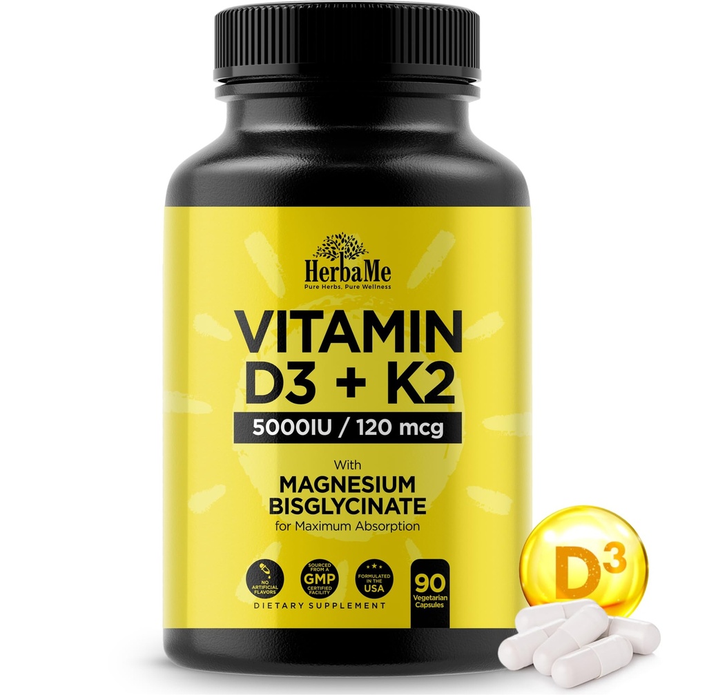 Vitamin D3 5000 IE + K2 med Magnesium Bisglycinate för Max Absorption | 90 kapslar | Immun Support | Främjar hjärta, ben och muskelhälsa