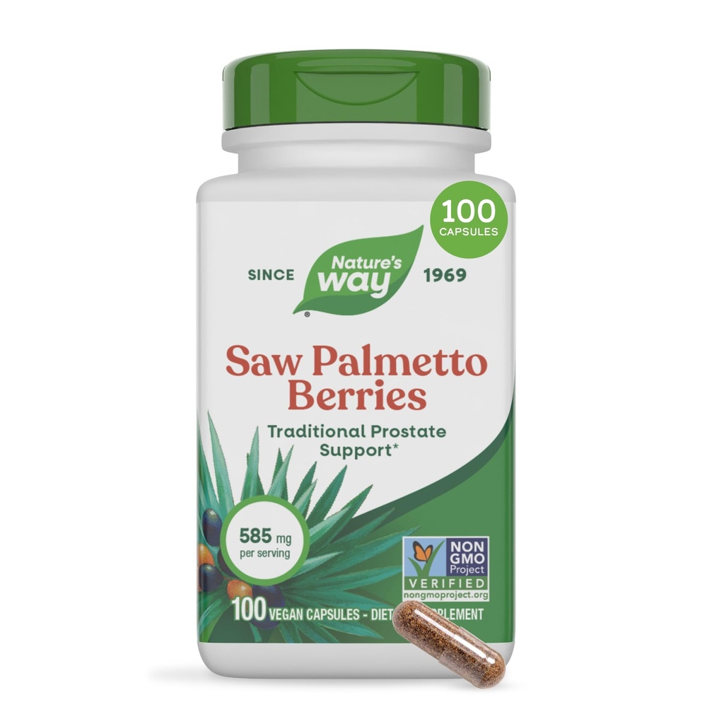 Nature's Way Saw Palmetto Berries, Traditional Prostate Support*, 585 mg per portion, Non-GMO Project Verified, Vegan, 100 kapslar (Packaging May Vary)