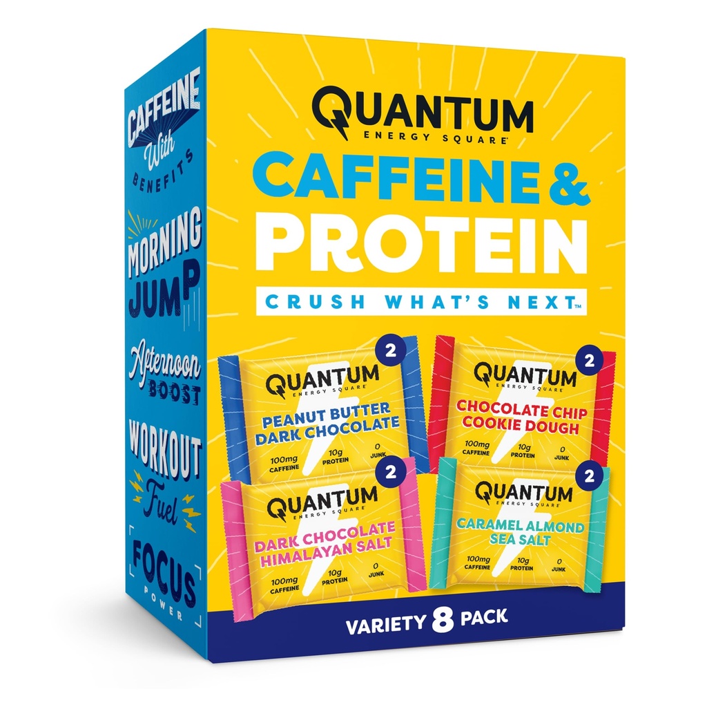Quantum Energy Square: Energy Bar with Caffeine & 10g Protein. Delicious Healthy Snack On The Go. (Vegan, Gluten-free, Soy-free, Dairy-free) (Variety 8-Pack)