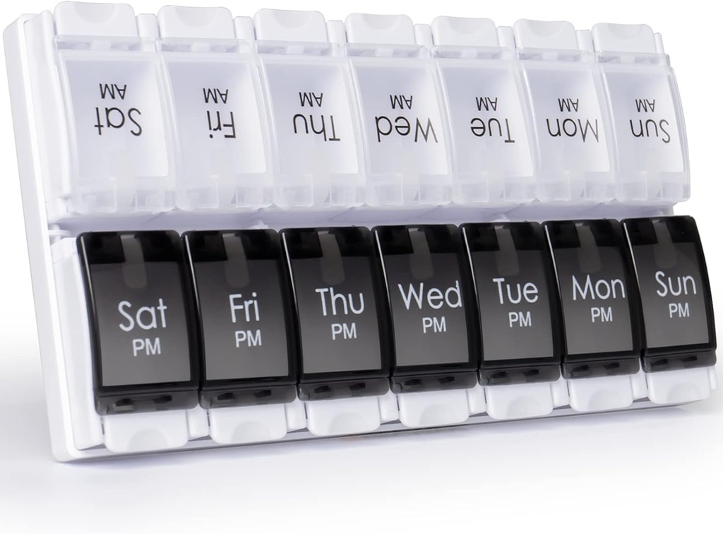 MERICARGO Am Pm Pill Organizer 7 Day, 2 Times a Day Large Weekly Pill Box, Push Button Daily Pill Case för vitamin, fiskolja, kosttillskott