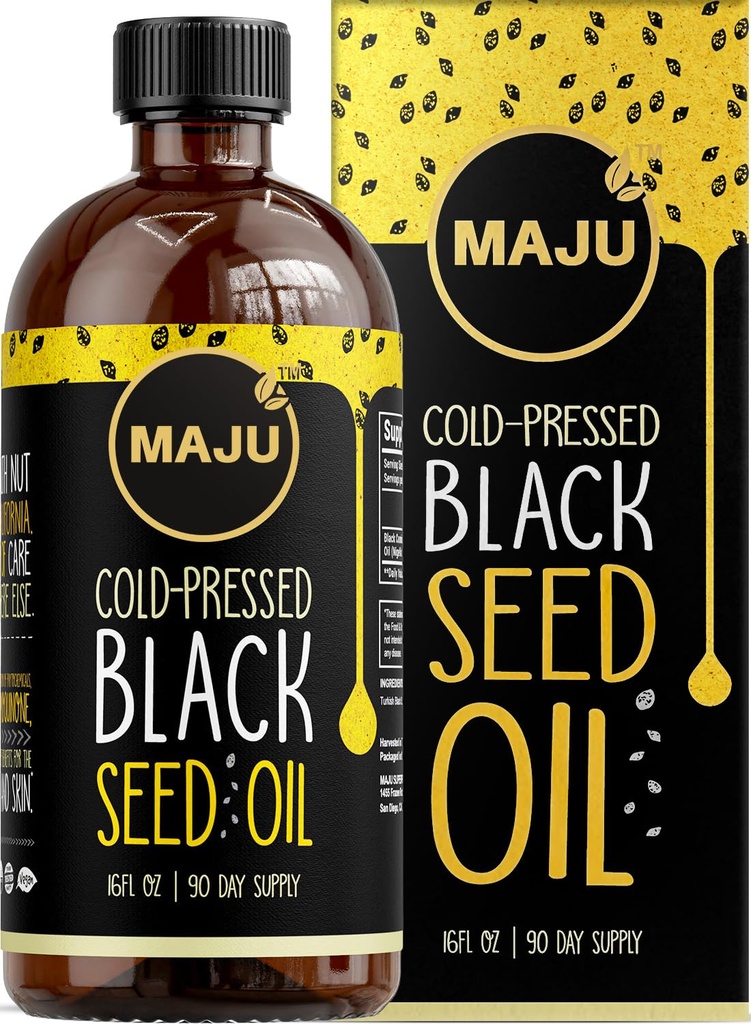 MAJUs Black Seed Oil 16oz: 3X Thymoquinone, Cold Pressed, 100% turkisk svart kumin Nigella Sativa Seed Oil (Better Than Organic), Non-GMO, 100% Liquid Pure Blackseed Oil, Glass Bottle