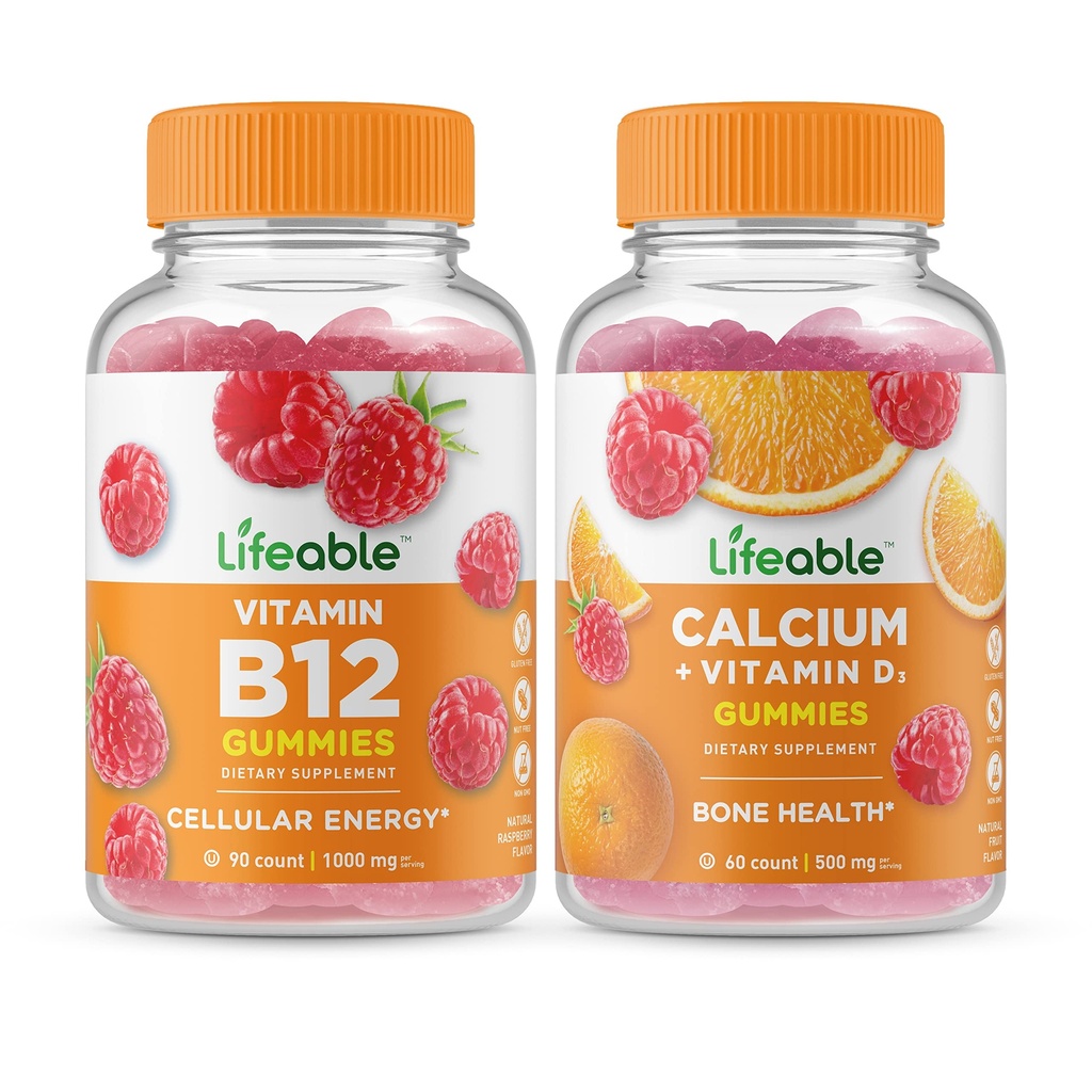 Livlig vitamin B12 + Kalcium med vitamin D, Gummies Bundle - Stor smak, vitamintillskott, Glutenfri, GMO-fri, tuggbar