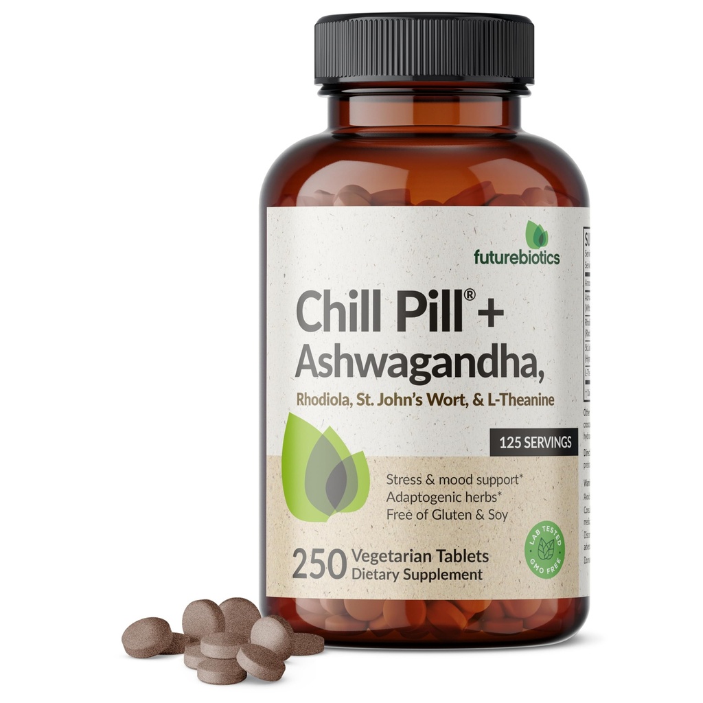 Futurebiotics Chill Pill + Ashwagandha, Rhodiola, St John's Wort, & L-Theanine - Non-GMO, 250 vegetariska tabletter
