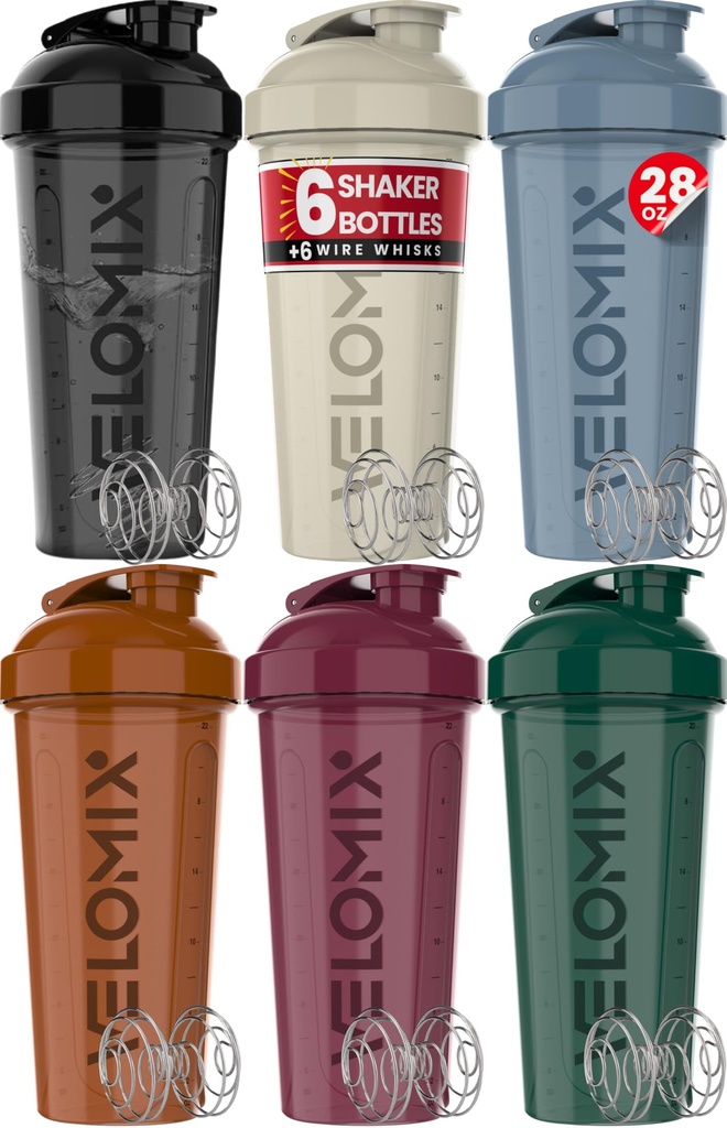 VELOMIX -6 PACK-28 oz Protein Shaker Bottle för proteinblandningar - 6x Wire Whisk | Leak Proof Shaker Cups för Protein Shakes | Protein Shaker Bottle Pack | Protein Shake Cup (Earth Tones Collection)