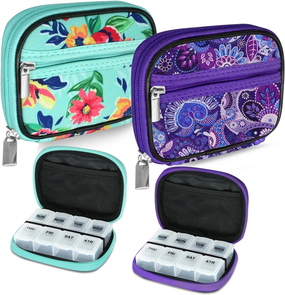 Serfeymi Weekly Travel Pill Organizer Pill Case för handväska med flyttbara 7 Day Pill Box, Fashionable Travel Medicine Organizer Pill Container för medicin, Vitamin, Supplement - Green 01 + Purple 01