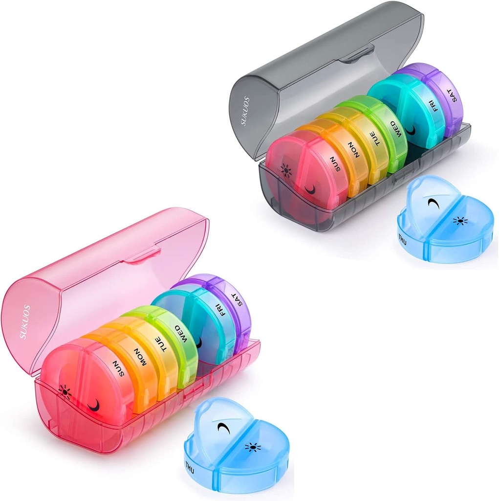 2 Pack Weekly Pill Organizer 7 Day 2 Times a Day, Sukuos Large Daily Pill Cases for Pills/Vitamin/Fish Oil/Supplements, BPA Free Pill Box, Lätt att rengöra