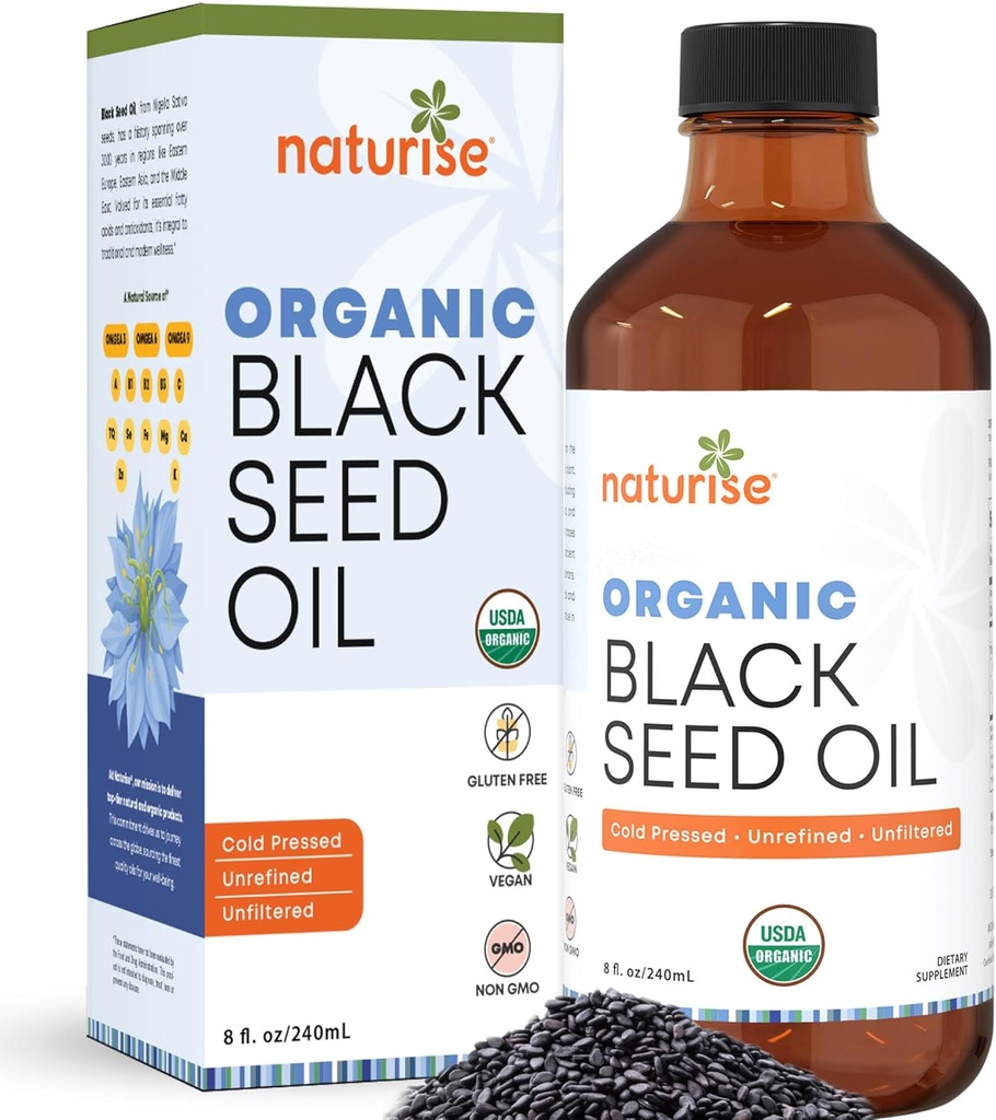 Organic Black Seed Oil (Nigella Sativa, Cumin Seed) Cold Pressed Non-GMO, 8 oz Glas Bottle Source of Essential Fatty Acids, Omega 3 6 9