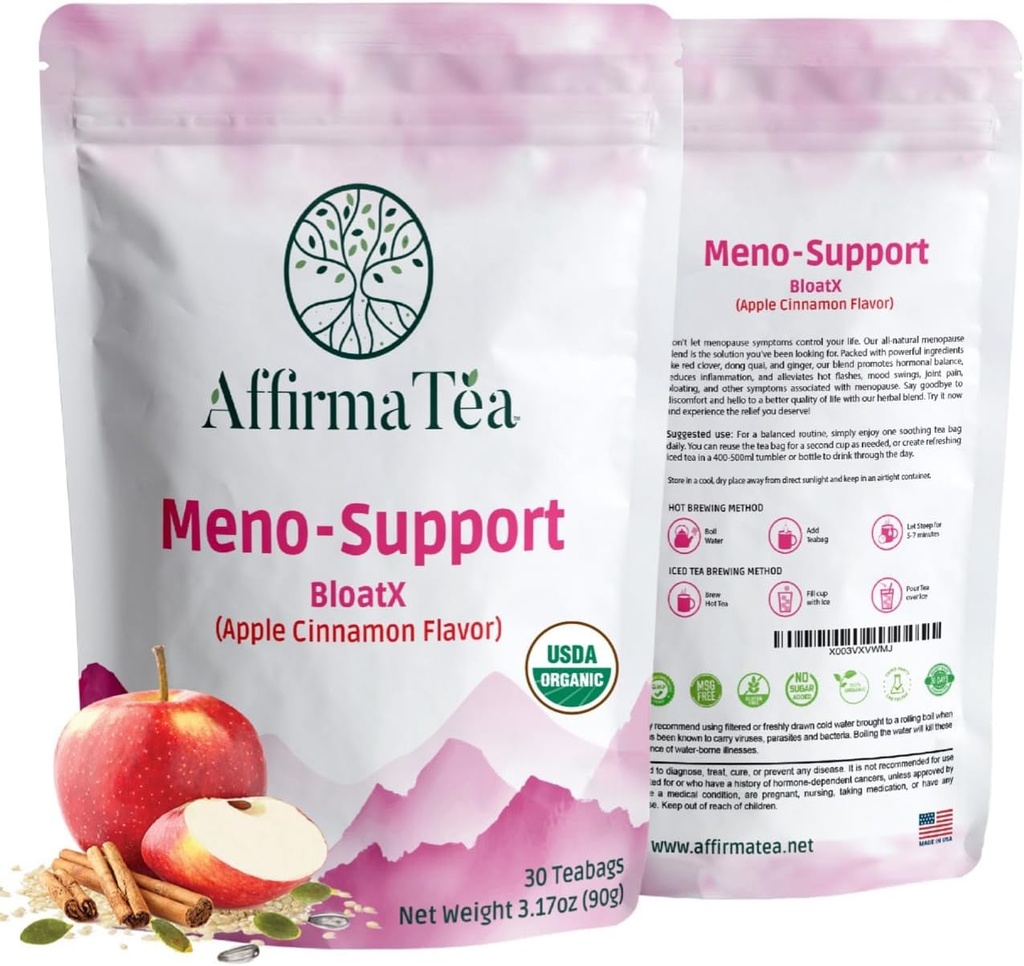 Meno-Support BloatX Organic Menopause Relief: Balances & Supports Hot Flashes, Hormones, Moods Swings, Night Sweats och Bloating W/Black Cohosh, Red Clover & Dong Quai. Naturlig Apple-Cinnamon smak.