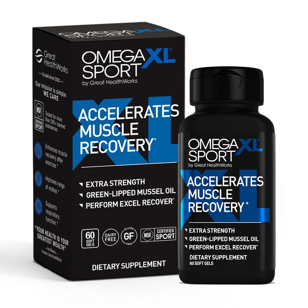 OmegaXL Sport Extra Strength Muscle Recovery Supplement and Respiratory Support Supplement - Förbättrar DOMS och ROM, Clinically Supported Green-Lipped Mussel Oil (60 Softgels)