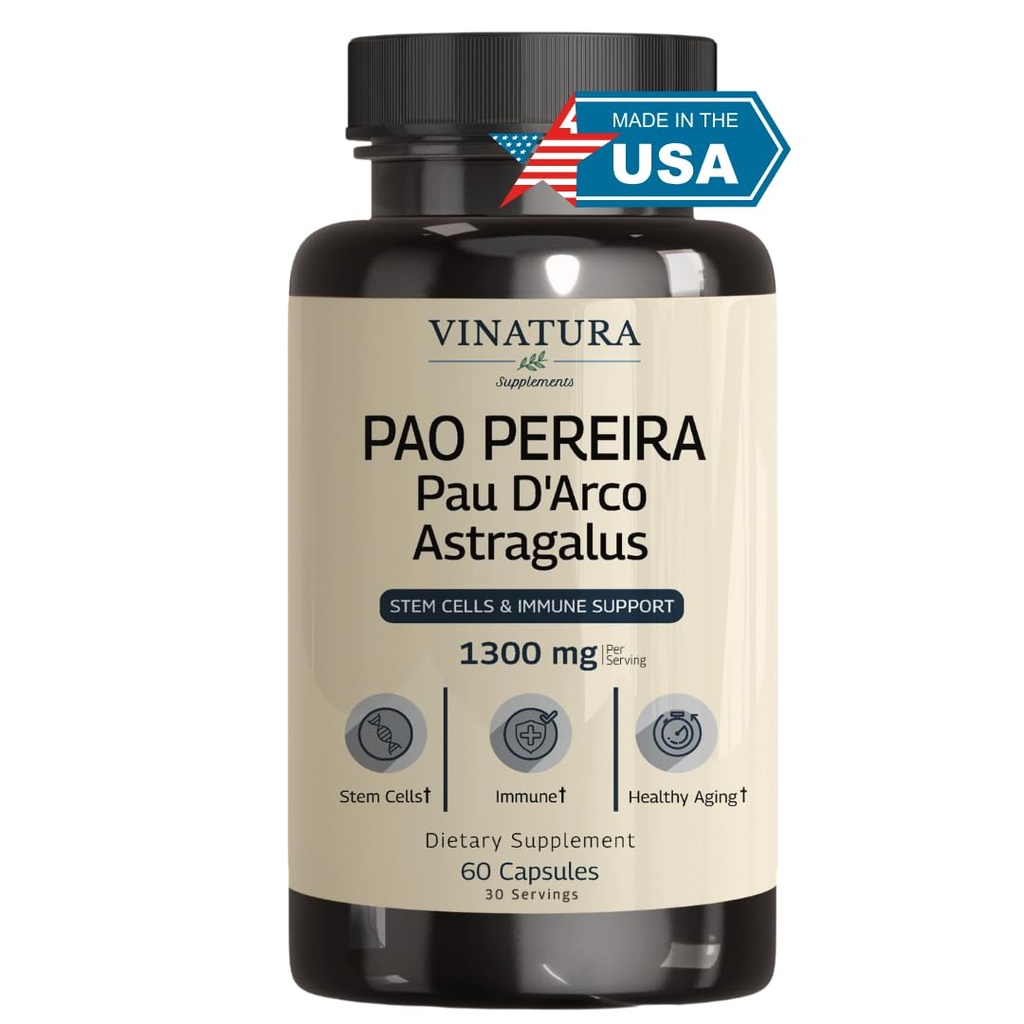 VINATURA Pao Pereira + PAU D'Arco, Astragalus - 1300MG Serving, USA Made & Tested, Stem Cells och Immune Support, 60 kapslar