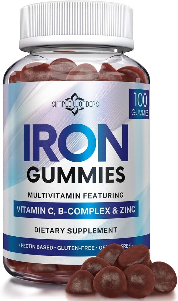 Järn Gummies för kvinnor, män och barn - Järntillskott med vitamin C, A, vitamin B Complex, Biotin & Zink - Multivitamin Chewable Iron Gummies för vuxna - Alternativ till järnpiller, kapslar, tabletter