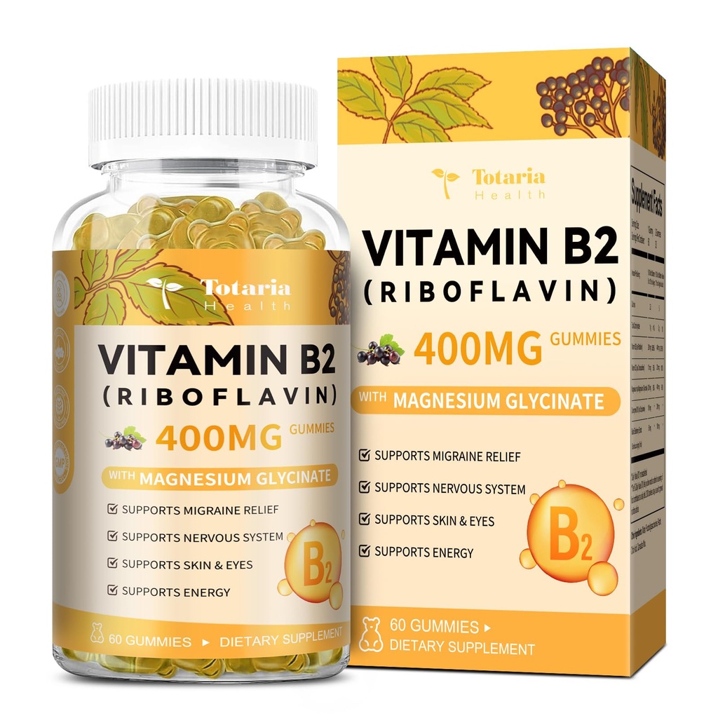 Totaria Vitamin B2 Gummies, Sugar Free Riboflavin 400mg Supplement för vuxna och barn med Magnesium Glycinate 400mg, COQ10 & Elderberry, Skin & Nervous System Support, Non-GMO, 60 Gummies