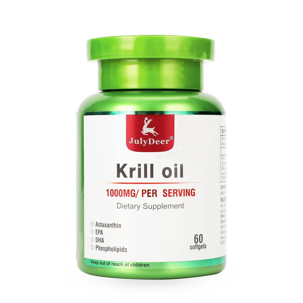 JuliDeer Antarctic Krill Oil 1000 mg med Omega-3s EPA, DHA, Astaxanthin och fosfolipider 60 Softgels Supplement No Fishy Aftertaste för Joint, Heart, Brain och Immunity