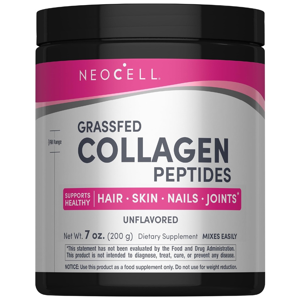 NeoCell Super Collagen Peptides, 10g Collagen Peptides per Servering, Gluten Free, Keto Friendly, Non-GMO, Grass Fed, Healthy Hair, Skin, Nails and Joints, Unflavored Powder, 7 oz., 1 Canister