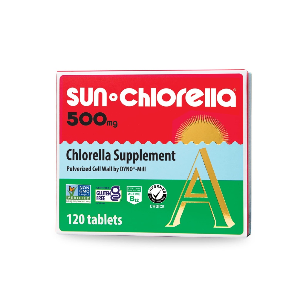 Sun Chlorella 500mg Whole Body Wellness Green Algae Superfood Supplement - Immune Defense, Gut Health, Natural Purification, Energy Boost - Chlorophyll, B12, Iron, Protein - Non-GMO - 120 tabletter
