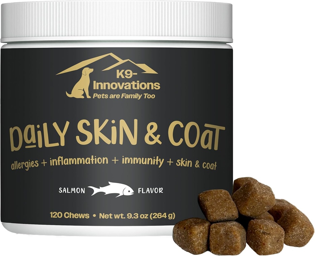 K9-Innovations - Daily Skin & Coat Dog Chews Salmon Flavor - Reduce Itching & Paw Chewing, Omega 3 & VIT C for Skin Health - 1-4 Month Supply (120qty)