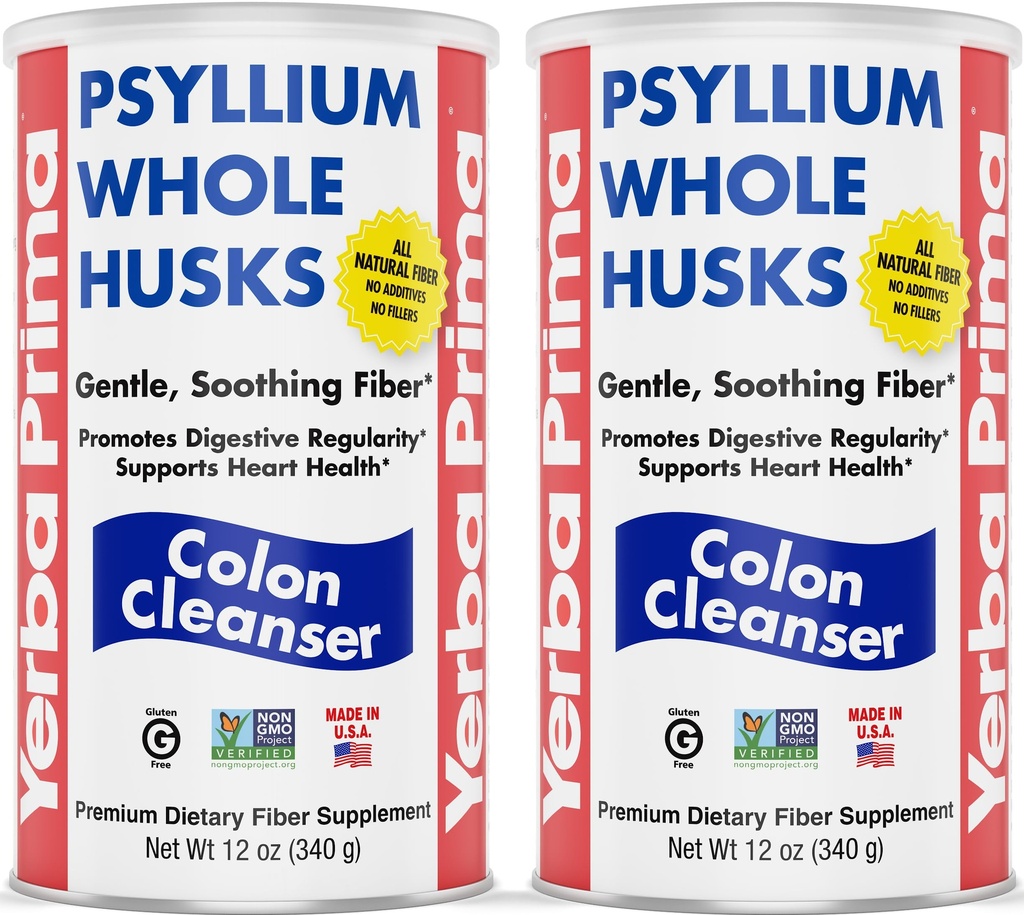 Yerba Prima Psyllium Whole Husks, Colon Cleanser 12 oz (Pack of 2) - All Natural Dietary Fiber, Pure Premium Psyllium, Lab-Tested Non-GMO, Gluten-Free Fiber, tillverkad i USA