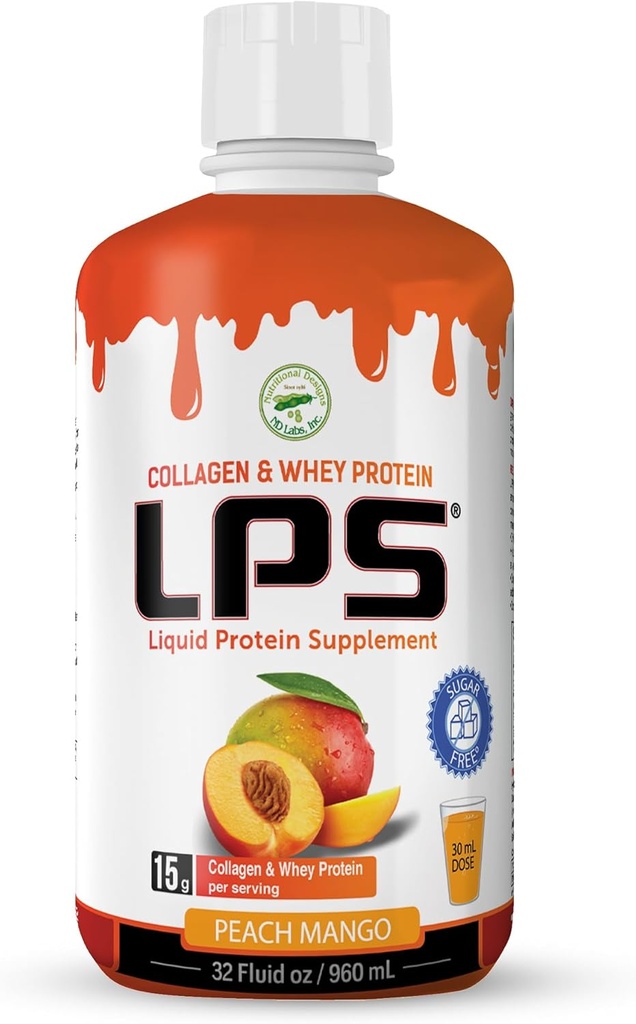 LPS Liquid Collagen & Whey Protein Supplement - Sugar-Free, Dye-Free, Non-GMO Drink - Hydrolyzed Collagen & Whey Peptides främjar hälsosam hud och hår för män och kvinnor, Peach Mango, 32 fl oz
