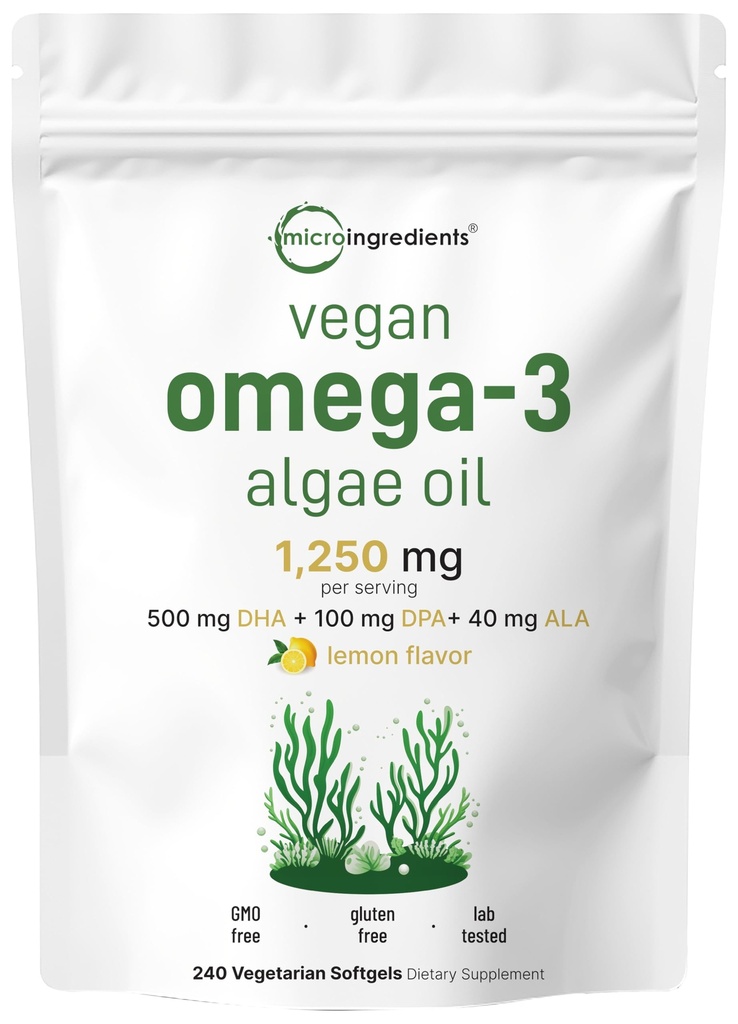 Micro Ingredients Vegan Omega 3 Algae Oil, 240 Veggie Softgels | Fish Oil Alternative | DHA 500mg & DPA 100mg | Carrageenan Free | Plantbaserad Omega 3 med Flaxseed & ALA | Lemon Flavored